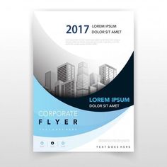 a blue and white brochure with cityscape in the background, for corporate flyers