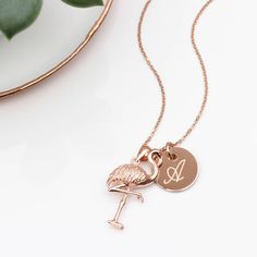 PRODUCT DESCRIPTION * Gorgeous 18ct rose gold plated flamingo necklace personalised with the lucky recipients initials on a rose gold charm to create an unusual and fun bespoke gift. PERSONALISATION * We engrave our pieces to create bespoke items especially for you, we are always happy to try and help if something is unsuitable but we regret we are unable to offer refunds on personalised items. FREE GIFT BOX * This necklace comes beautifully packaged in our Hurleyburley gift box tied with a silk Flamingo Necklace, Valentine Gift For Wife, Rose Gold Charms, Necklace Chain Lengths, Vermeil Jewelry, 925 Sterling Silver Chain, A Rose, Gold Charm, Sterling Silver Charm