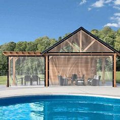 a gazebo next to a swimming pool with chairs and tables