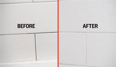 before and after images of white tiles with red border