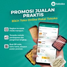 a person holding a cell phone in their hand with food on it and the text, promosi jualan praktis bikin toko online pakai toko