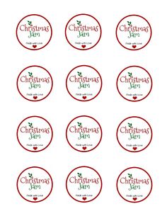 twelve christmas jam labels in red and white