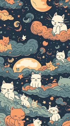 many cats are sitting on the clouds and stars