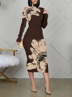 Inexpensive Dresses, Stand Collar Dress, Fashion Black And White, High Neck Midi Dress, Sukienki Plus Size, Stil Elegant, Floral Print Midi Dress, Fashion Elegant, Long Sleeve Floral Dress