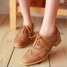 Women England Brogues Lace Up Wing Tip Oxford College Round Toe Flat Heels Shoes Flat Oxford Shoes, Oxford Shoes Heels, Kasut Wanita, Oxford Shoes Outfit, Casual Oxford Shoes, Stylish Footwear, Oxford Flats, Brown Shoes, Beige Shoes