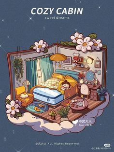 an illustrated image of a cozy cabin with flowers on the bed and furniture in it