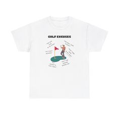 a white t - shirt with an image of a golf player and the words golf exercises