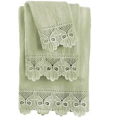 two towels with lace trims on the edges and one towel has an openwork design