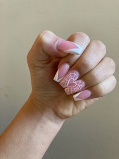 Heart Designed Nails, Nails French Ideas Pink, Heart Shaped Spider Web Nails, Pretty Nails Design Inspiration Pink, French Tip With Hearts Acrylic Nails, Simple Pink Heart Nails, Spiderweb Nails Coffin, French And Heart Nails, Spiderweb Nails French Tip