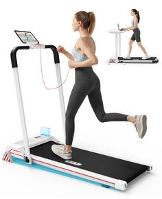 a woman is running on a treadmill with an electronic device attached to the side