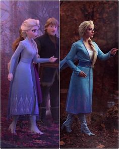 two pictures of frozen princesses, one in blue and the other in purple