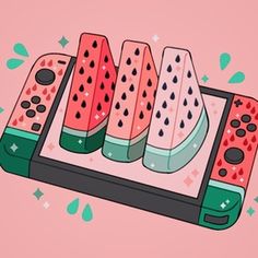 four pieces of watermelon sitting on top of a pink surface with the words mygo written above them