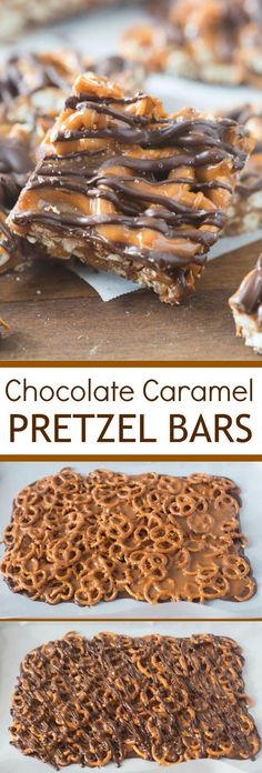 chocolate caramel pretzel bars are stacked on top of each other and ready to be eaten