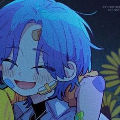 an anime character with blue hair talking on a cell phone