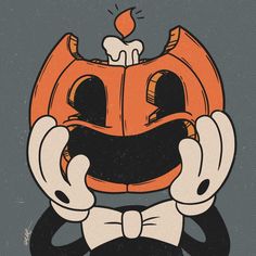 a cartoon pumpkin wearing a bow tie and holding its face up to the camera with both hands