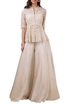 Ivory Embroidered Peplum Top With Sharara Pants Design by Ridhi Mehra at Pernia's Pop Up Shop Peplum Top With Sharara, Top With Sharara, Long Blouse Designs, Ridhi Mehra, Sharara Pants, Function Dresses, Trendy Outfits Indian, Traditional Indian Dress, Salwar Kamiz