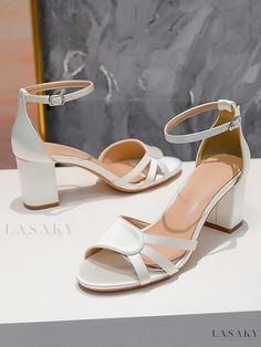 Lasaky - Satin Open Toe Ankle Strap Block Heel Sandals - Elegant Bridesmaid Pumps Summer Prom Block Heels With Closed Toe, Summer Wedding Open Toe Block Heels, Adjustable Block Heels With Round Toe For Party, White Sandals For Summer Prom, Summer Prom Low Heel Block Heels, Bridesmaid Open Toe Block Heels, Ankle Strap Block Heels For Bridesmaids, Summer Bridesmaid Sandals With Block Heel, Bridesmaid Sandals With Block Heel For Summer