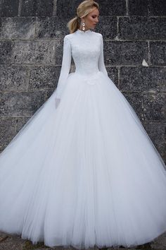 Ball Gown High Collar Long Sleeve White Tulle Wedding Dress WW310 White Tulle Wedding Dress, Poofy Dresses, Wedding Dresses Mermaid Sweetheart, Long Bridal Gown, Wedding Dress With Lace, Wedding Dress Guide, Pnina Tornai, Wedding Dresses Satin, Winter Wedding Dress