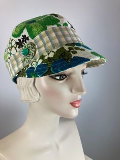 Women's retro summer baseball style hat. Floral casual vintage bark cloth fabric newsboy hat green, ivory, blue. Ladies soft travel hat.