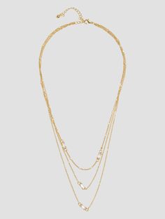 Gold-tone layered necklace Multiple chains Plated pave Cubic zirconia baguette crystals 16/18/20" chain lengths Lobster clasp Gold Jewelry Necklace, Accessories Jewelry Necklace, Gold Necklace Layered, Women Accessories Jewelry, Layered Necklace, Chain Lengths, Layered Necklaces, Baguette, Lobster Clasp