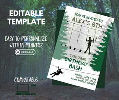 an advertisement for a birthday bash with a person on a rope in the woods and text that reads, editable template