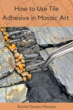 Image shows a partially made mosaic, with a small piece of slate being placed into a bed of black adhesive with a pair of tweezers. The title says 'How to Use Tile Adhesive in Mosaic Art' Stone Mosaic Art, Mosaic Walkway, Mosaic Art Supplies, Mosaic Tiles Crafts, Tile Adhesive, Making Stained Glass, Glass Mosaic Art