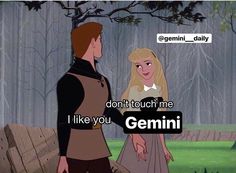 an animated image of a man and woman talking to each other in the woods with text that reads, don't touch me i like you gemini