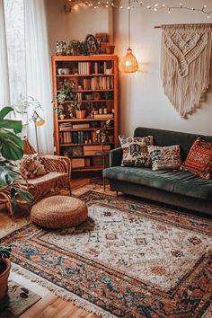 Boho living room with layered rugs, rattan chair, macramé plant hangers, and earthy tones bathed in natural light. Golden Boho Living Room, Reading Nook Family Room, Boho Rattan Living Room, Living Room With Lamps, Cozy Living Room Rug, Boho Mcm Living Room, Grey Couch Boho Living Room, Boho Living Room Leather Couch