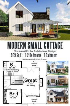 the modern small cottage plan is designed for two story homes, with an open floor plan and