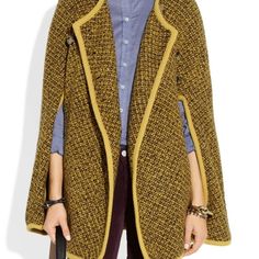 Alice + Olivia Double-Breasted Wool-Blend Cape Fall In Love With This Classy And Sophisticated Cape! Indulge In A Fresh Silhouette For The New Season With Alice + Olivia's Chic Wool-Blend Cape. Featuring A Rich Saffron And Brown Diamond Pattern And Double-Breasted Cut, This Cozy Coverup Is The Most Fashionable Interpretation Of Heritage Cool. - Saffron And Brown Knitted Wool-Blend My Closet Sc House Chic Mustard Outerwear For Work, Chic Orange Outerwear For Work, Elegant Orange Outerwear For Fall, Chic Mustard Outerwear For Fall, Brown Diamond, Diamond Pattern, Alice Olivia, New Season, Fall In Love