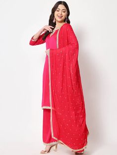 This is a beautiful 3-piece suit set. It comes with solid straight cut kurta has 3/4th sleeves, v neck & knee length teamed with matching salwar and a zari embroidered chinon silk dupatta.The entire set has lace detailing. 3-piece set Color- Pink Work- Solid with lace detailing Kurti Length - 40 inch Kurta Fabric-Crepe Silk Bottom Fabric -Crepe Silk Dupatta Fabric - Chinon Silk. Sleeves-3/4th Sleeves Neck-V Neck Care - Dry Clean Silk Bottoms, Silk Suit, Silk Dupatta, 3 Piece Suits, Suit Set, Indian Wear, Straight Cut, Online Retail, Lace Detail