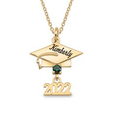 Congratulate your favorite grad with this personalized and engravable gemstone 2022 graduation cap pendant. Fashioned in your choice of metal This design showcases the 3.0mm birthstone you select glistening between a detailed cap and the year "2022" dangle. Further customize the style with a coordinating name or sweet message - up to eight characters in length - inscribed in a cursive font along the cap. The pendant suspends along an 18.0-inch cable chain that secures with a spring-ring clasp. Luxurious Garden, 2022 Graduation, Sweet Message, Cap Decorations, 2024 Graduation, Cursive Font, Peoples Jewellers, Sweet Messages, 14k Gold Necklace