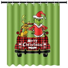 the grinch christmas shower curtain is hanging in front of a green background with red and black plaid