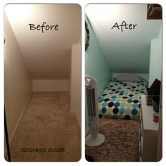 before and after photos of an attic bedroom