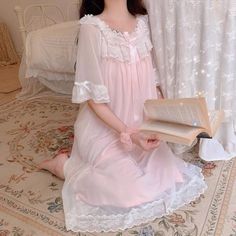 Simpul Dasi, Gaun Abad Pertengahan, Nightgown Long, Pink Nightgown, Lace Trim Shorts, Pajama Dress, Women's Robe, Sleep Dress, Round Neck Dresses