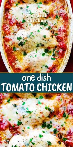 one dish tomato chicken with parsley on top and the other in a casserole dish