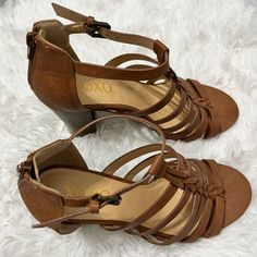 Brown Strappy Heels With Buckle Closure, Brown 4-inch Strappy Heels, Brown Strappy Synthetic Heels, Ladies Heels, Caged Heels, Wood Heel, Heels Sandals, Open Toe Sandals, Womens Heels