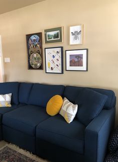 a living room with blue couches and pictures on the wall