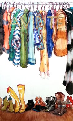 a painting of clothes hanging on a rack with shoes and rain boots in the foreground