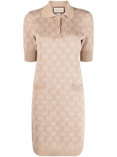 Gucci GG-monogram Jacquard Lamé Polo Dress - Farfetch Luxurious Outfits, Gucci Dress, Gucci Outfits, Jacquard Pattern, Polo Dress, Polo Collar, Day Dresses, Designer Dresses, Camel