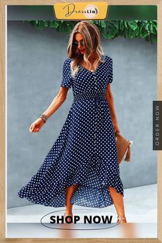 Button Down Polka Dot V Neck Short Sleeve High Low Maxi Dress Beach Street, Street Shopping, School Vacation, High Low Maxi Dress, Party School, Office Party, Color Pick, High & Low, High Low