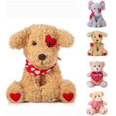 several stuffed animals with hearts on them