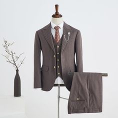 Shape: Slim,Regular,Loose Jacket Pant Button: Single Breasted Occasion: Business Neckline: Peaked Lapel Material: Polyester & Polyester Blend Pattern: Stripe Piece: 3 Piece Pocket: With Flap Men's Business Suits, Loose Jacket, Prom Suits, Color Cafe, Peak Lapel, Three Piece Suit, Business Suit, Formal Business, Wedding Suits