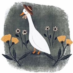 a white duck with a brown hat and flowers