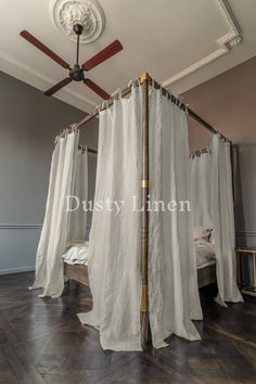 Canopy bed linen curtains with ties in Natural color (175 g/m2 density)-Dusty Linen-#original_alt_text#- Canopy Drapes, Linen Canopy, Off White Curtains, Four Poster Bed Frame, Natural Curtains, Canopy Bed Curtains, Linen Couch, Linen Blackout Curtains, Canopy Curtains