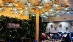 people sitting at tables in a restaurant with blue chairs and hanging lights above the tables