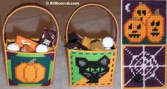 two small baskets with candy and candies in them, one has a cat design on it