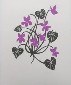 a card with purple flowers and leaves on it