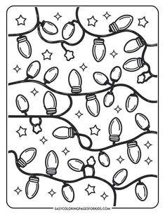 Black and white coloring page featuring decorative Christmas lights intertwined with stars, designed for kids to color and enjoy. Christmas Light Crafts, Light Crafts For Kids, Draw Christmas Lights, Light Doodles, Light Coloring Page, Free Christmas Coloring Sheets, Easy Coloring Pages For Kids, Christmas Ornament Coloring Page, Christmas Ornament Template