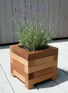 a wooden planter with lavender flowers in it